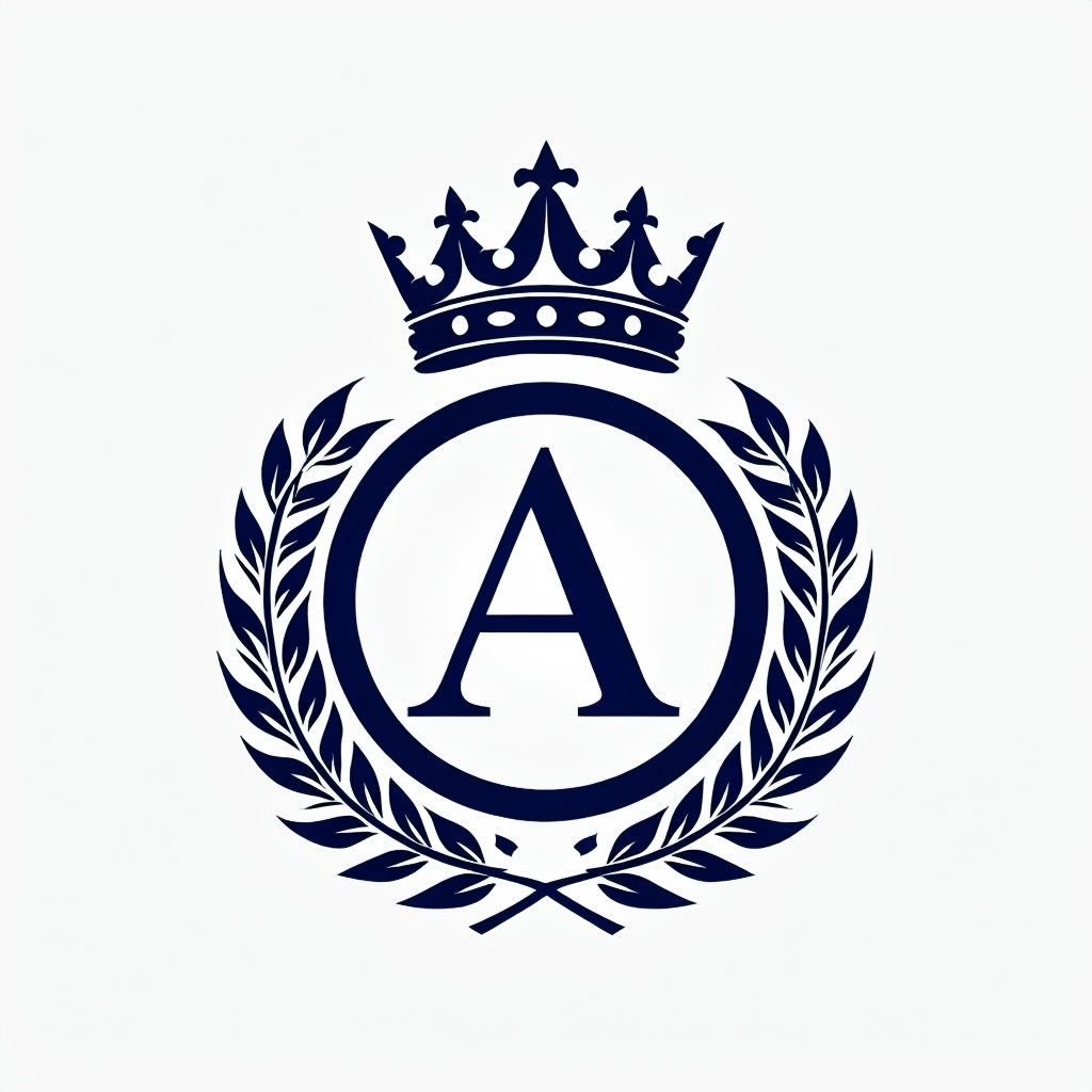 Elegant Navy Blue Monogram 'A' with Laurel Wreath and Crown Design Monogram