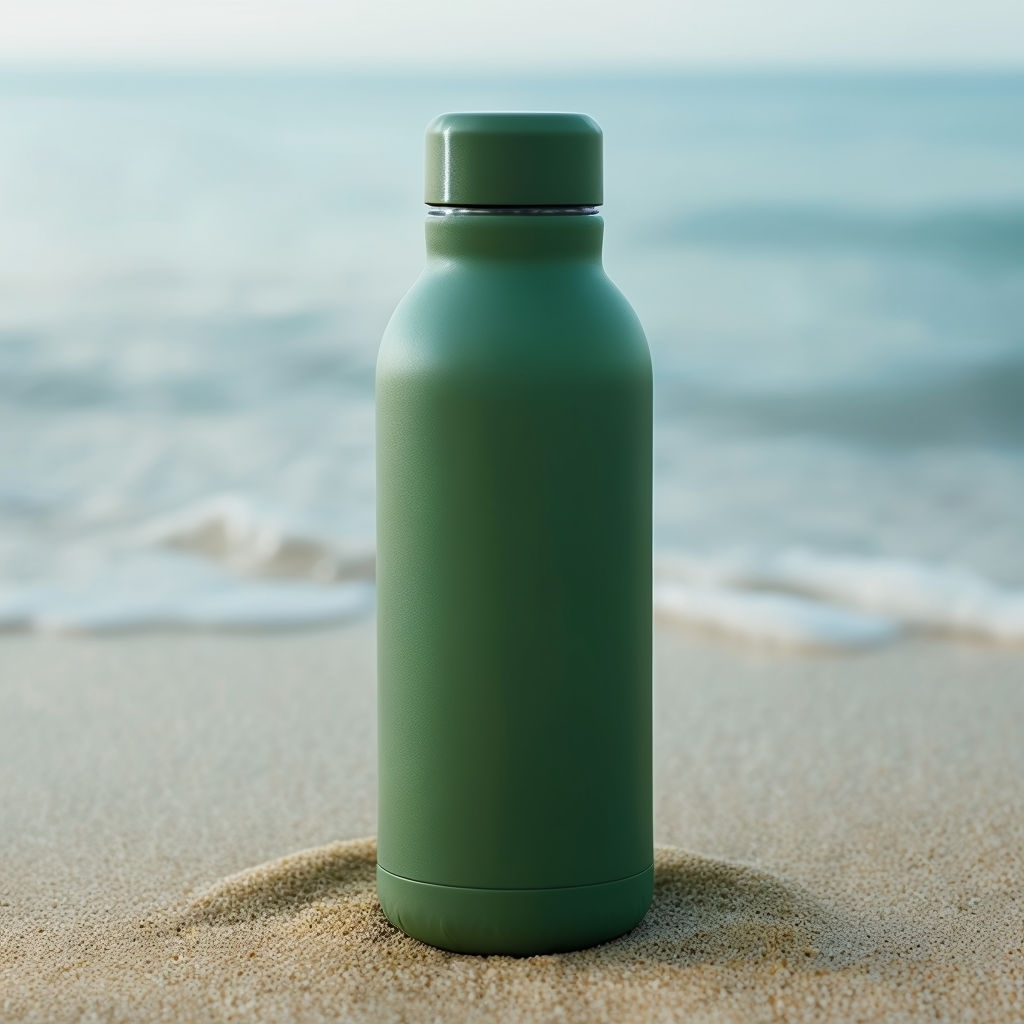 Eco-Friendly Green Water Bottle Beach Scene Art Poster