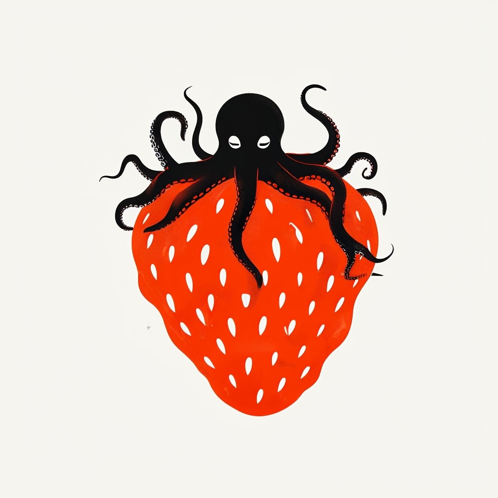 Whimsical Strawberry with Black Octopus Minimalist T-Shirt