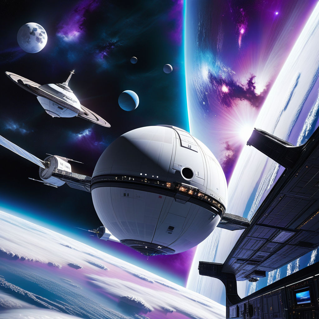 White starship en route to a colossal spherical space statio... by ...