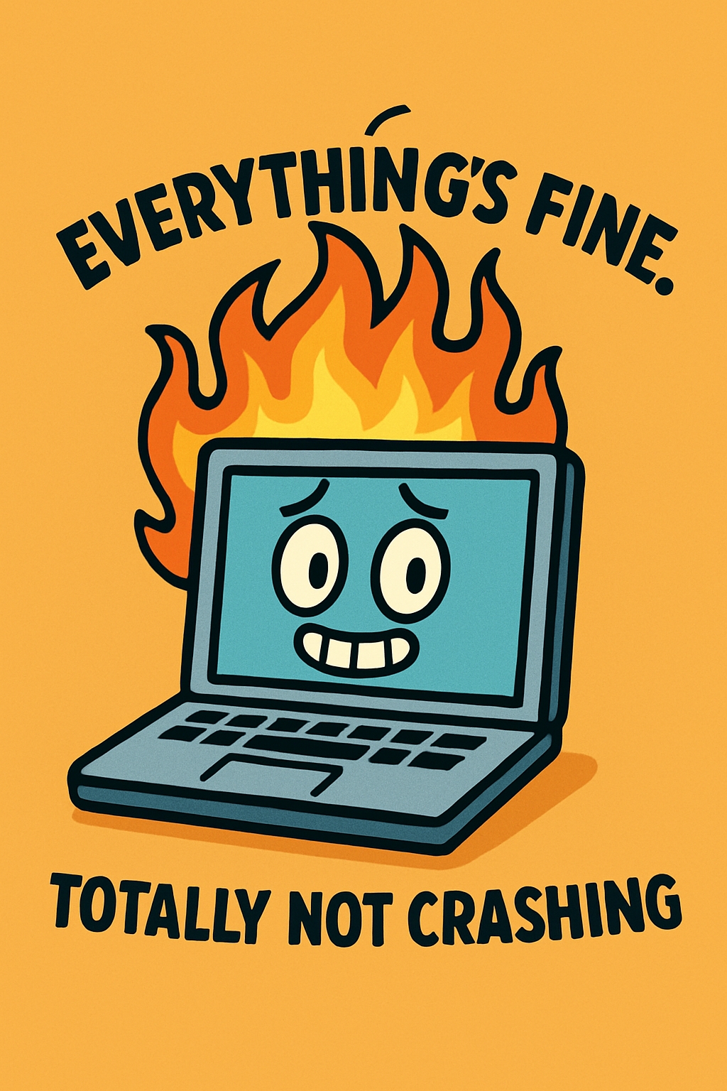Cartoon Laptop Character with Chaos and Humor Sticker