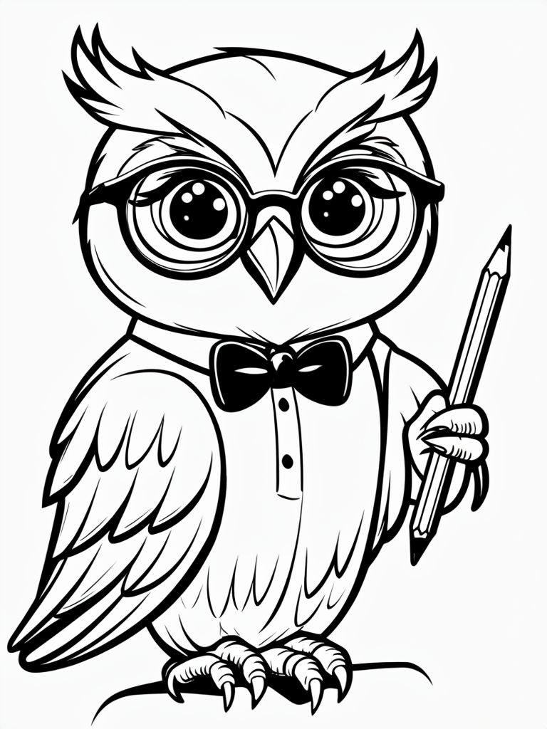 Whimsical Cartoon Owl Wearing Glasses and Suit Coloring Book Page