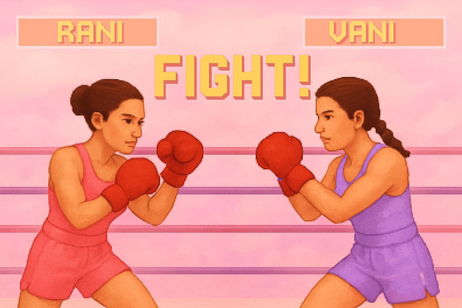 Retro Video Game Style Female Boxers Rani and Vani Illustration Art