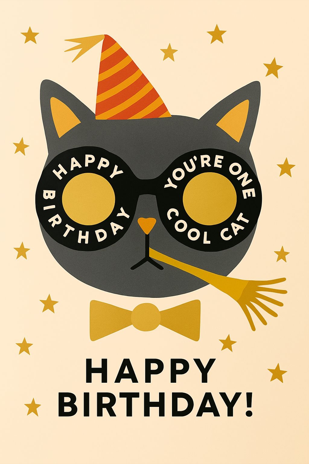 Playful Gray Cat Birthday Card Design with Festive Elements Card