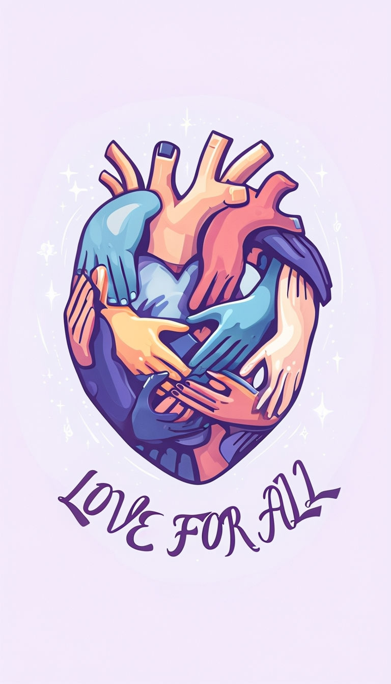 Abstract Interlocking Hands Heart Illustration with Love for All Phrase Art