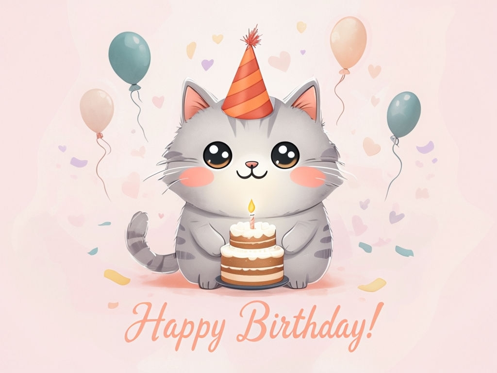 Cheerful Cartoon Gray Cat Birthday Greeting Card Design