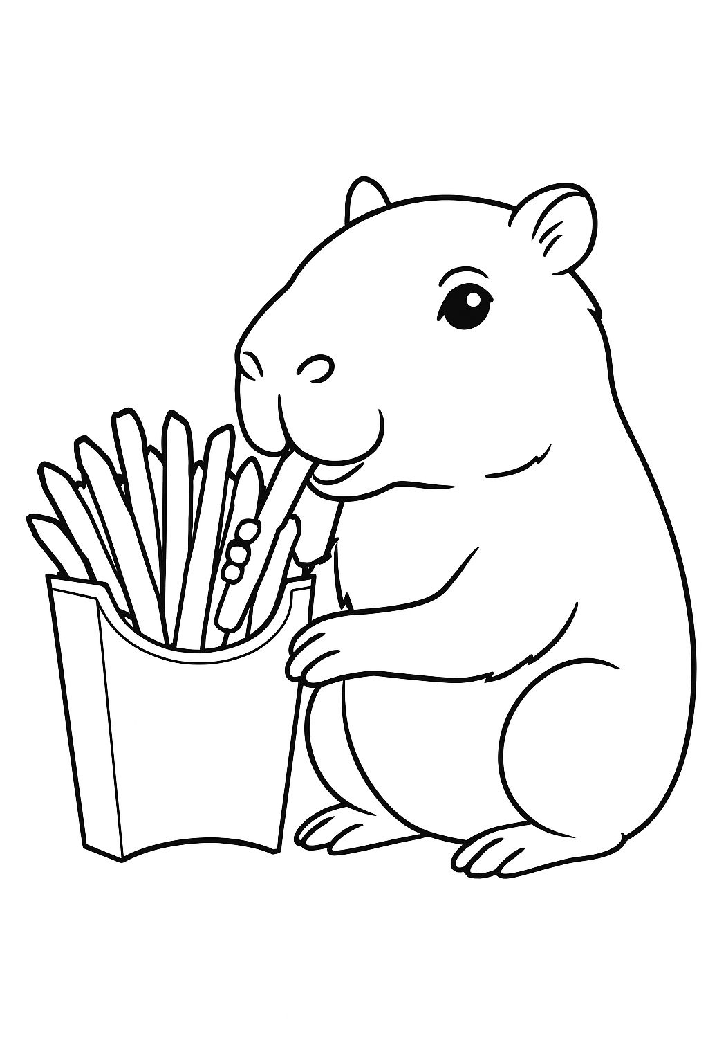 Playful Guinea Pig Eating French Fries Line Drawing for Coloring Book Pages