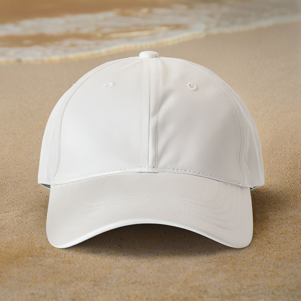 Minimalist White Baseball Cap on Sandy Beach Background Mockup