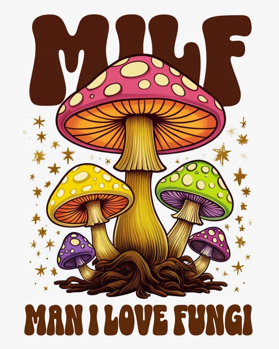 Whimsical Colorful Mushrooms with Retro Text T-Shirt