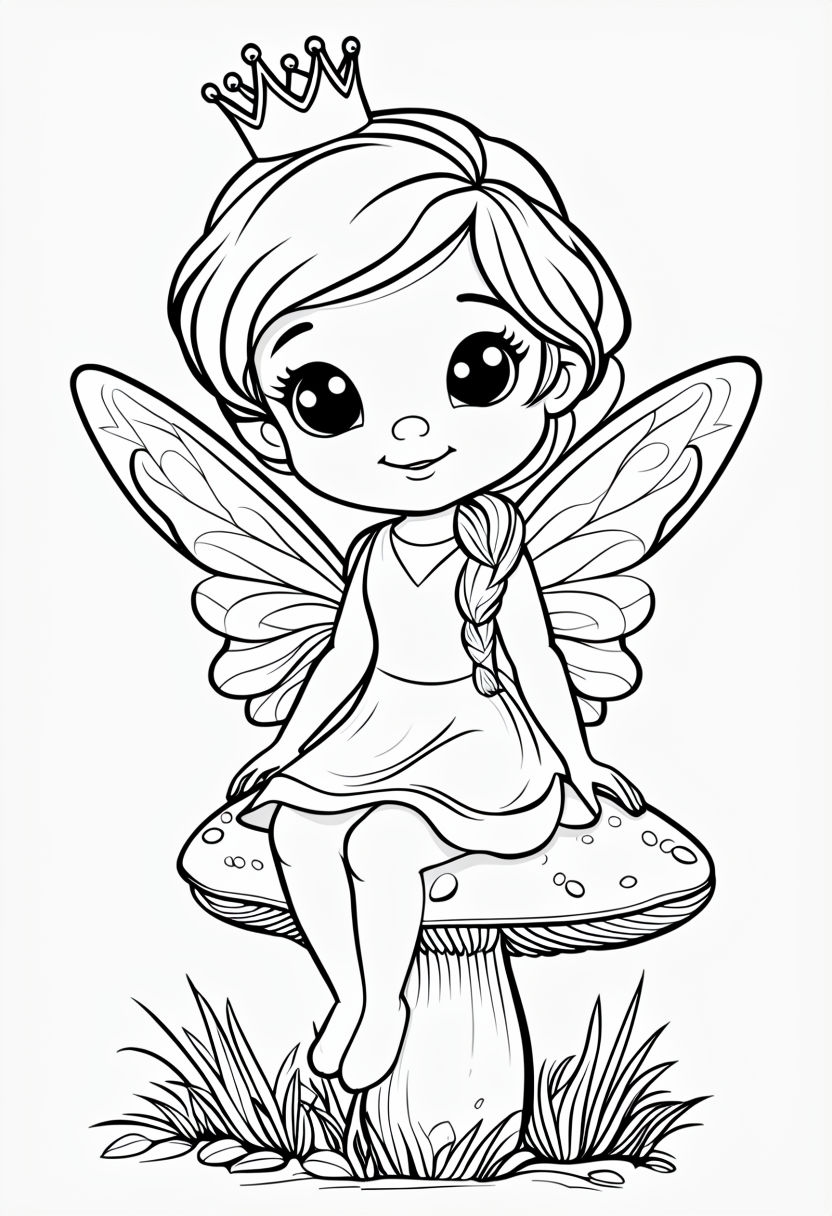 Cute Cartoon Fairy on Mushroom Coloring Book Page