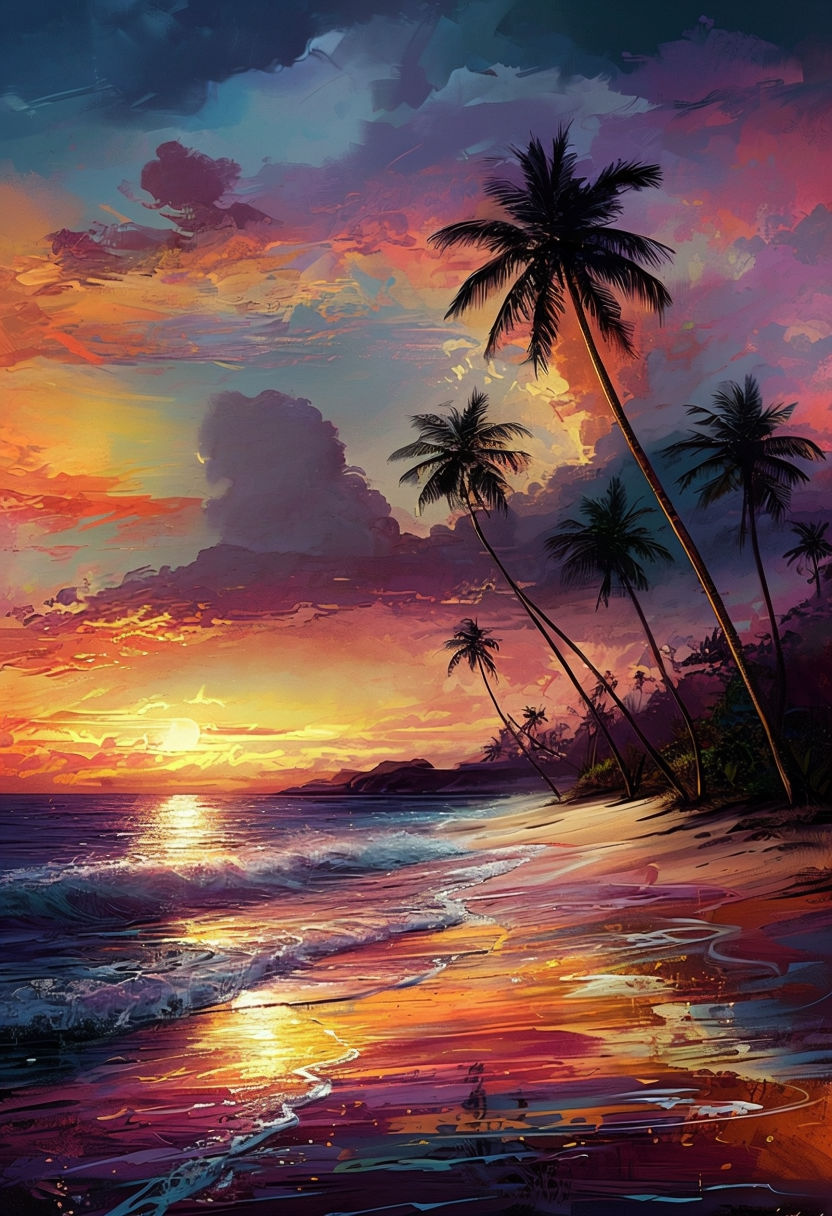 Vibrant Tropical Beach Sunset Digital Art for Relaxation Poster