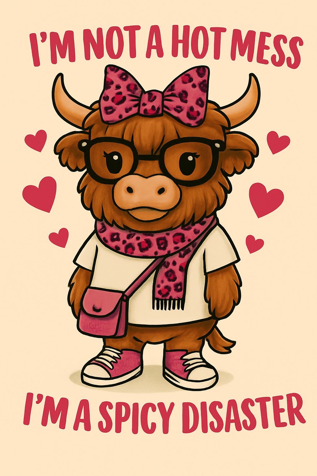 Whimsical Highland Cow with Glasses and Hearts T-Shirt