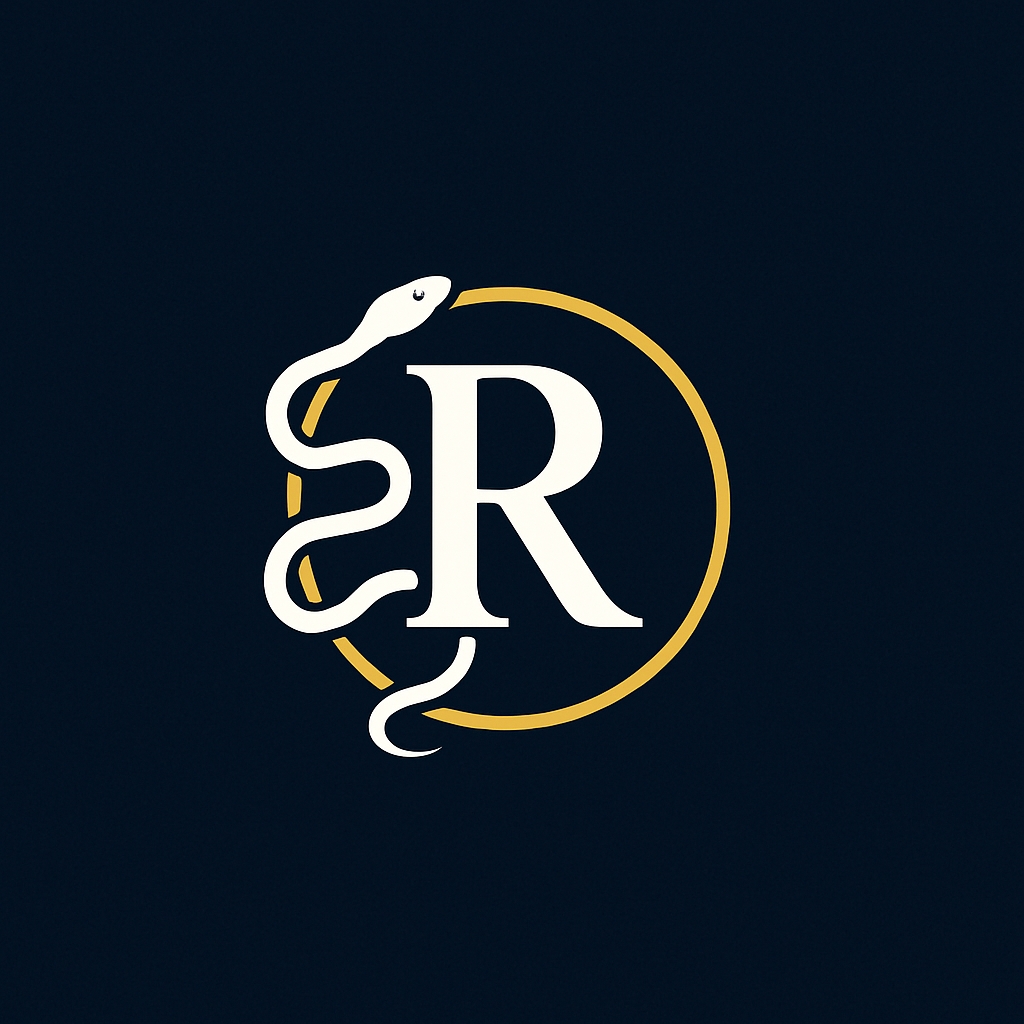 Elegant White R Monogram with Gold Circular Snake Design Monogram