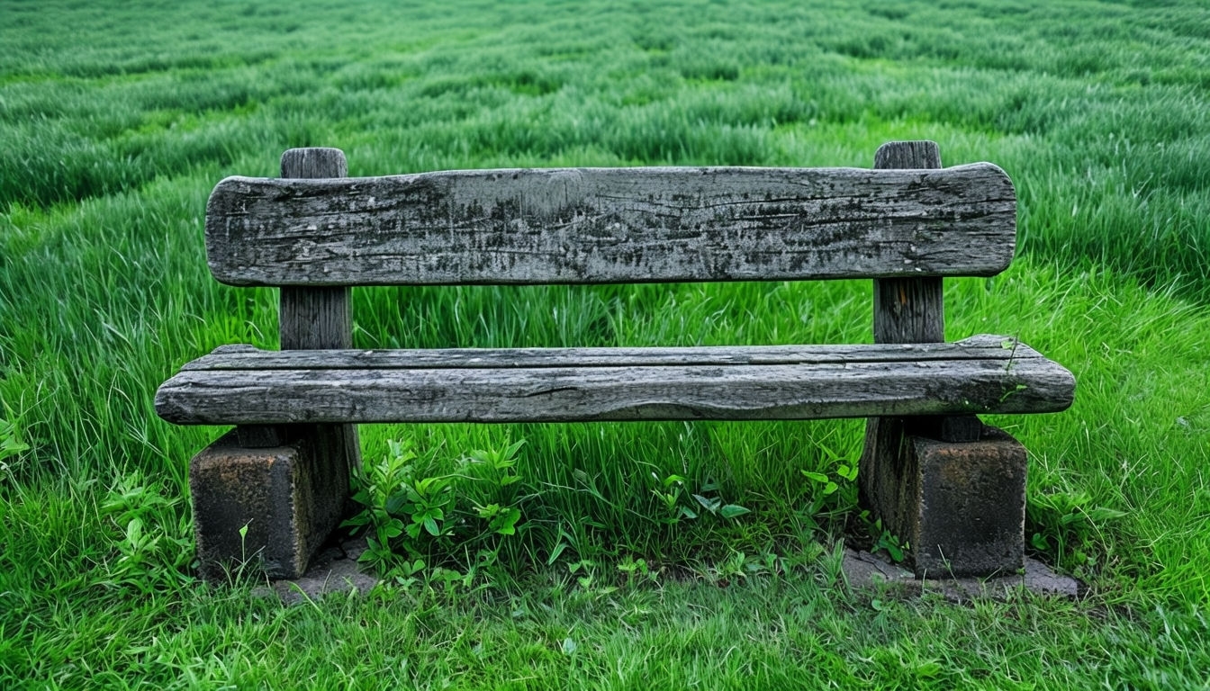 Rustic Wooden Bench in Lush Green Grass Field Background Virtual Backgrounds
