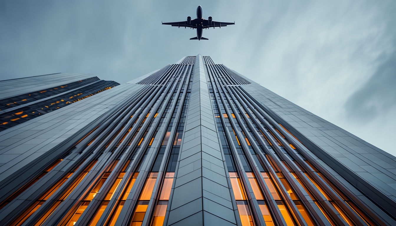 Majestic Skyscraper with Airplane in Soft Lighting Virtual Background