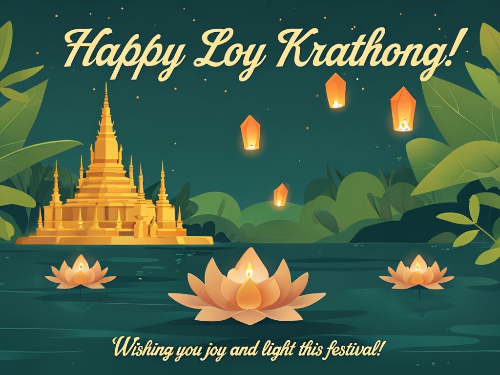 Festive Loy Krathong Celebration with Lotus and Lanterns Card