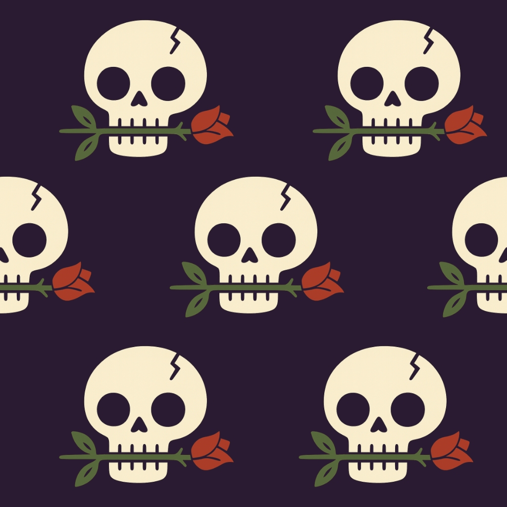 Whimsical Skull and Rose Cartoon Pattern on Dark Purple Background Seamless Pattern