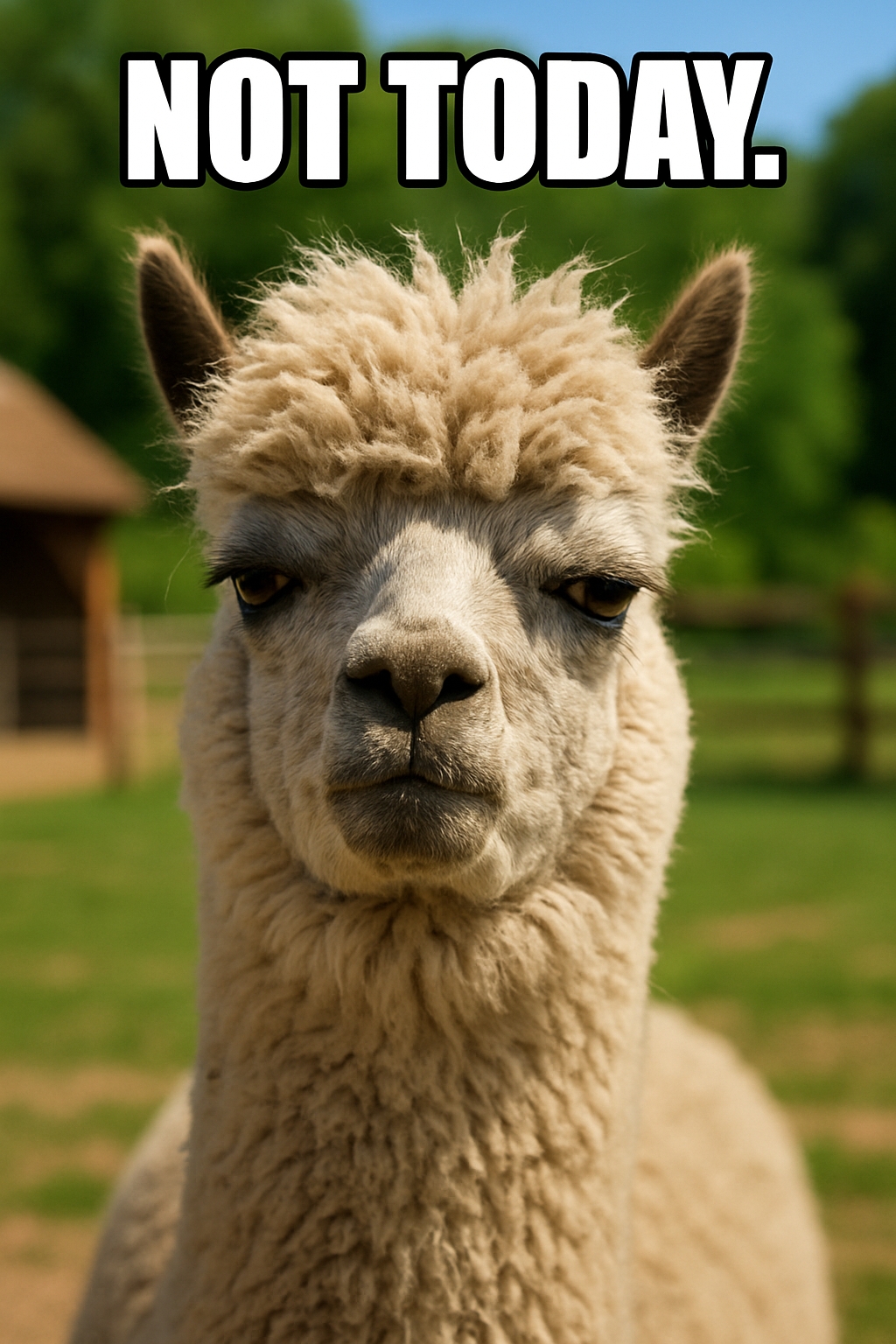 Not Today Alpaca Close-Up Photograph with Bold Text Meme