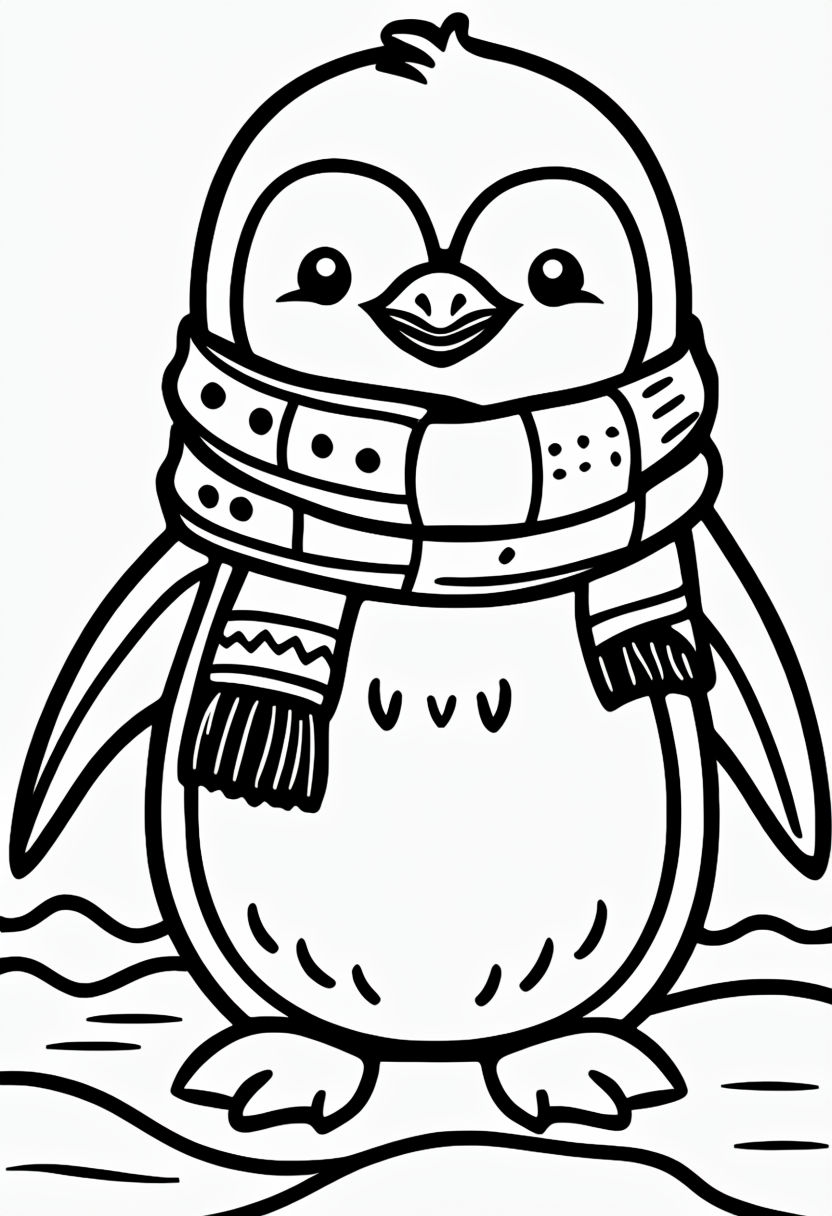 Cute Penguin with Scarf Black and White Coloring Book Page