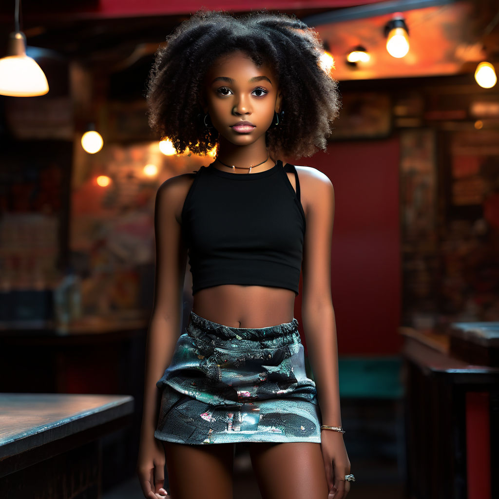 Black female. Dressed in a high-waisted mini skirt that accentuates her  slender figure