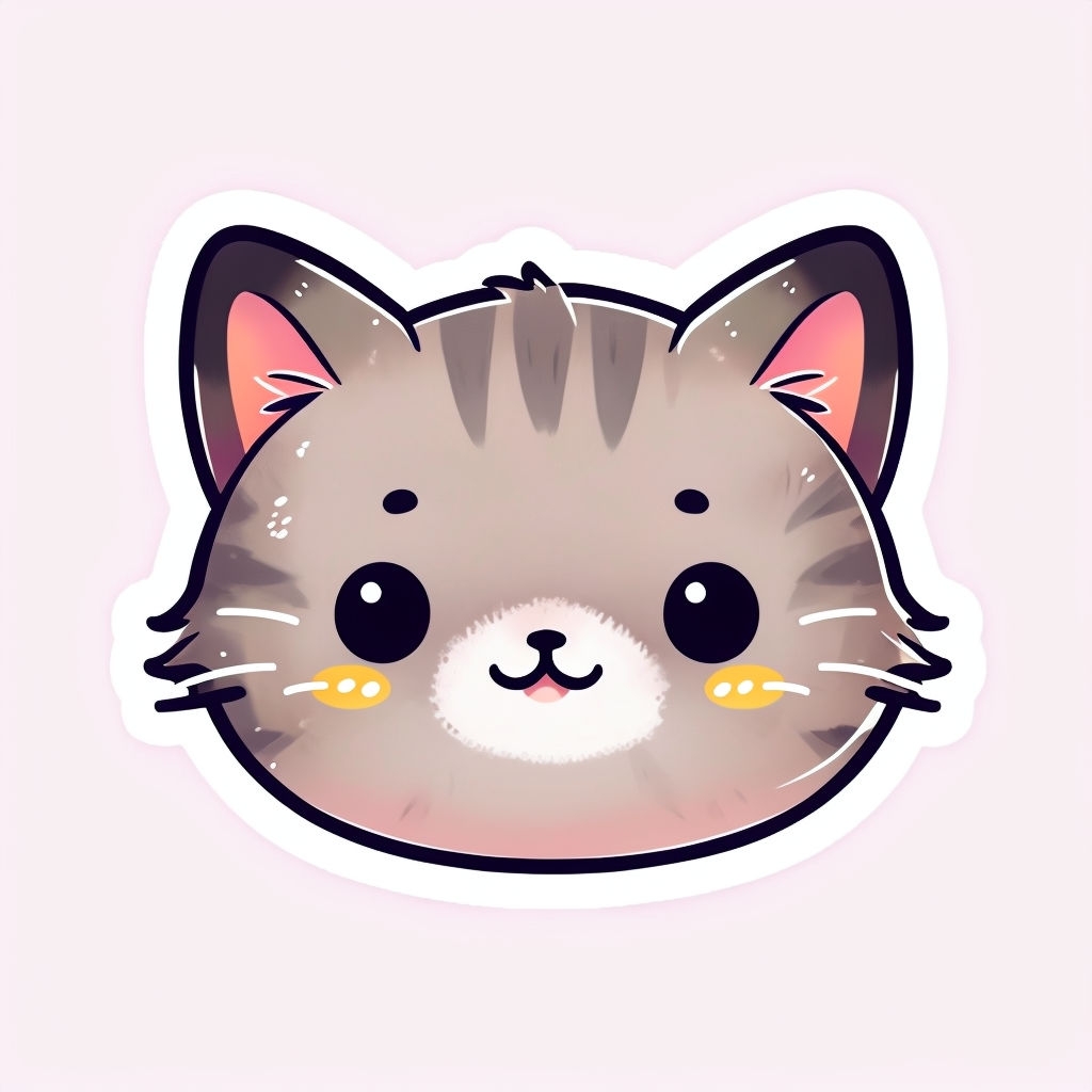 Adorable Cartoon Cat Face Sticker Design on Light Pink Background