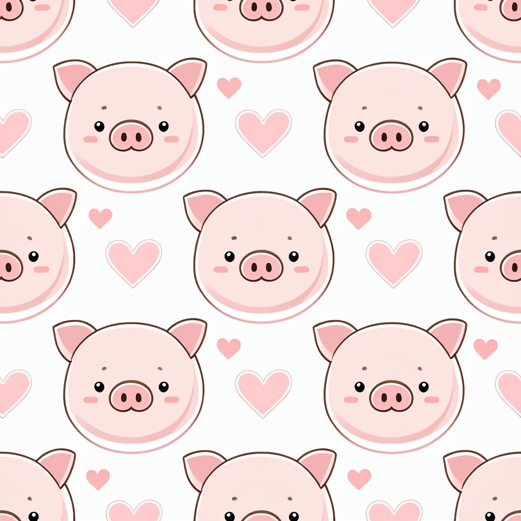 Cute Cartoon Pig Faces and Hearts Seamless Pattern Design