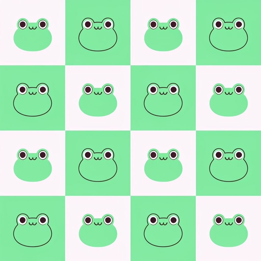 Playful Cartoon Frog Faces on Mint Green Checkerboard Pattern Seamless Pattern