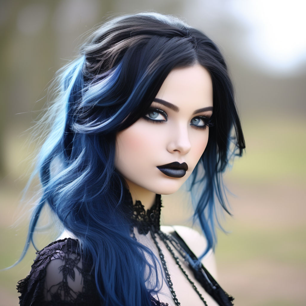 a woman with medium black and blue hair and gothic makeup