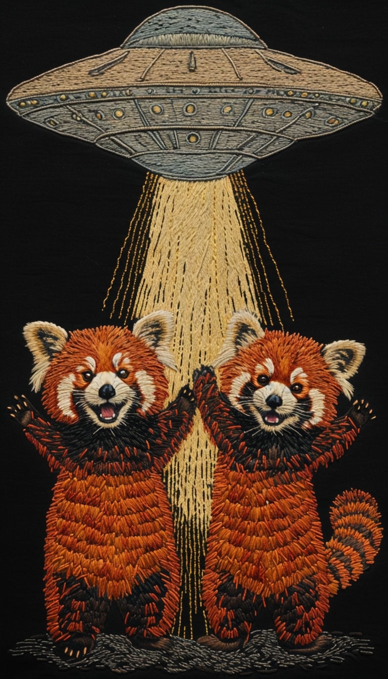 Playful Red Pandas with UFO Embroidery Art T-Shirt