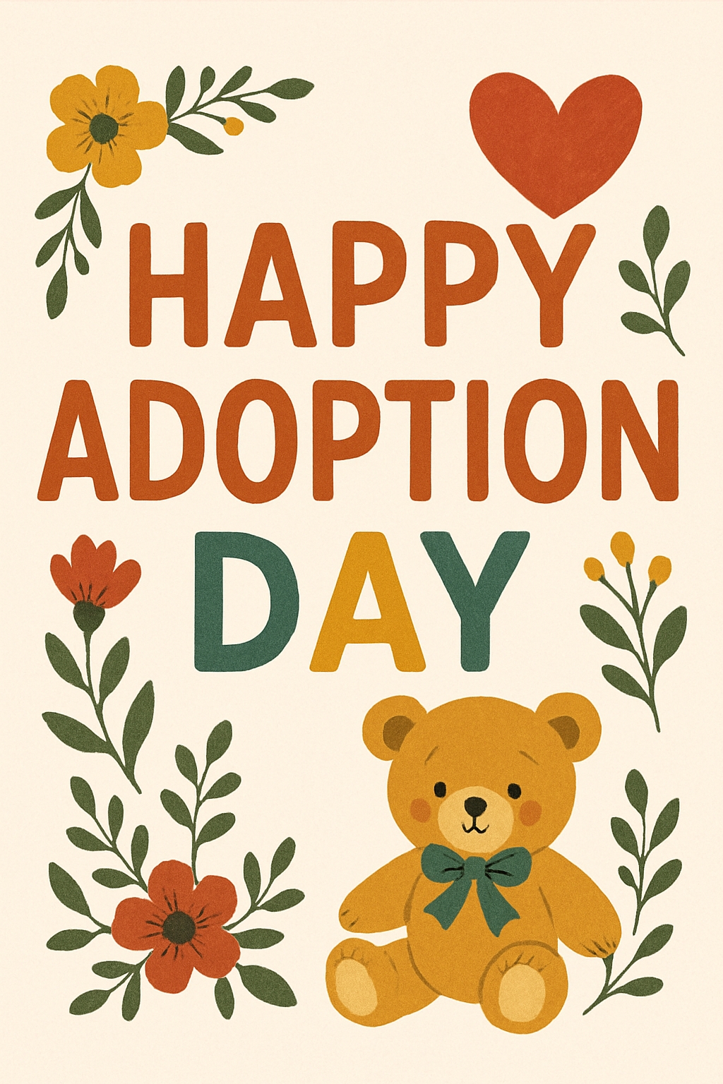 Cheerful Adoption Day Card with Teddy Bear and Floral Design Cards & Invites