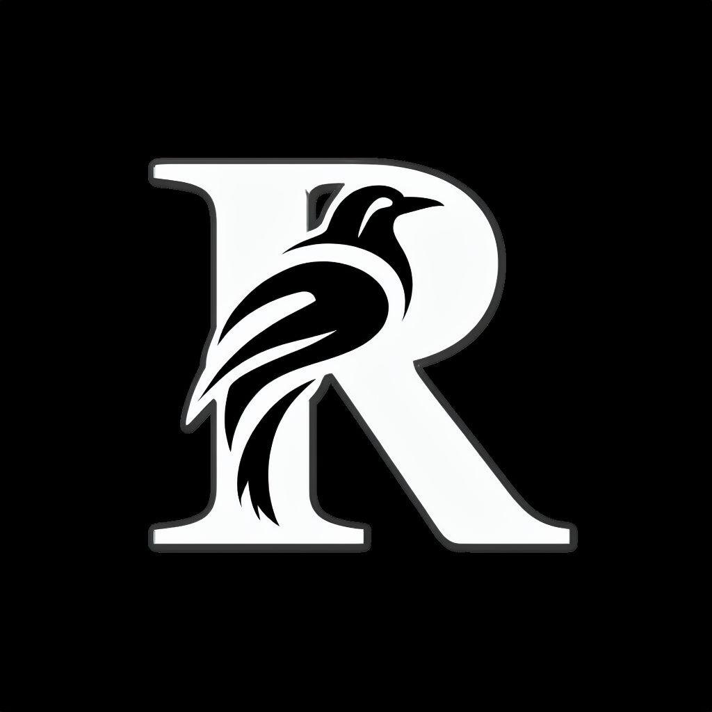Bold Minimalist Raven 'R' Logo Design on Black Background Monogram