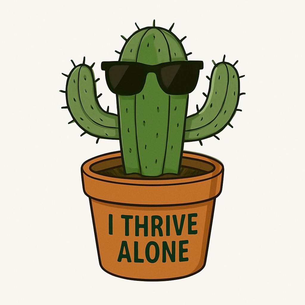 Cheerful Cactus with Sunglasses and Text 'I Thrive Alone' Sticker