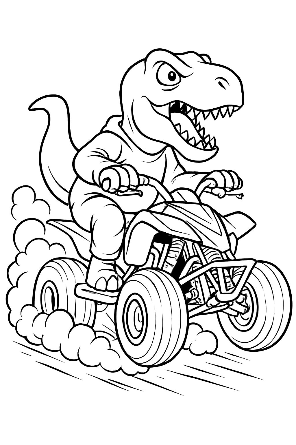 Exciting Black-and-White T-Rex Riding ATV Cartoon Illustration Coloring Book Pages