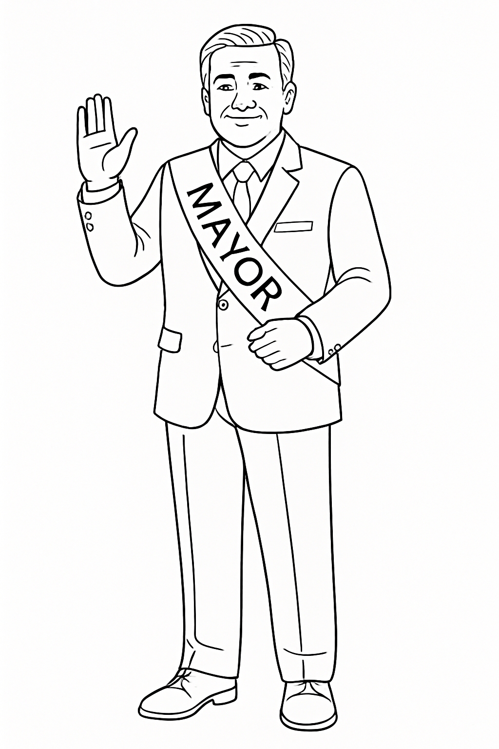 Formal Man Waving with Mayor Sash Line Drawing Coloring Book Pages