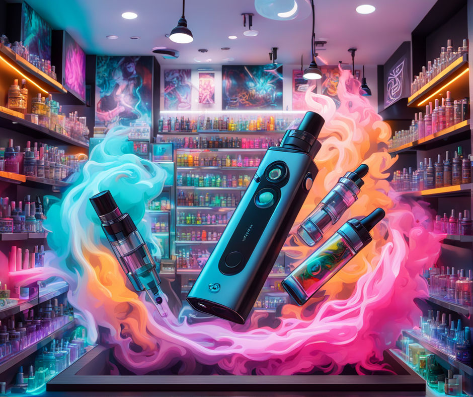 Interior view of an e-cigarette shop, shelves lined with assorted vape devices and an array of flavors, neon signs casting a gleam on glossy liquid containers, customers browsing, contemporary hip-hop music faint in the background, urban street art adorning the walls, soft ambient lighting, focus on a customer examining a new vape, high contrast, digital painting, ultra realistic