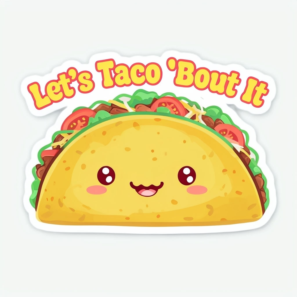 Kawaii Taco Character with Let’s Taco 'Bout It Sticker