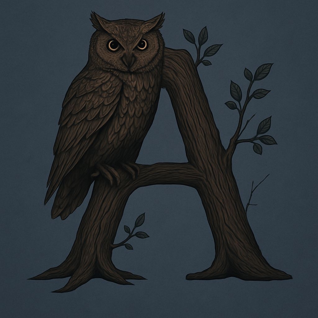 Stylized Letter A with Owl and Branches Digital Illustration Monogram