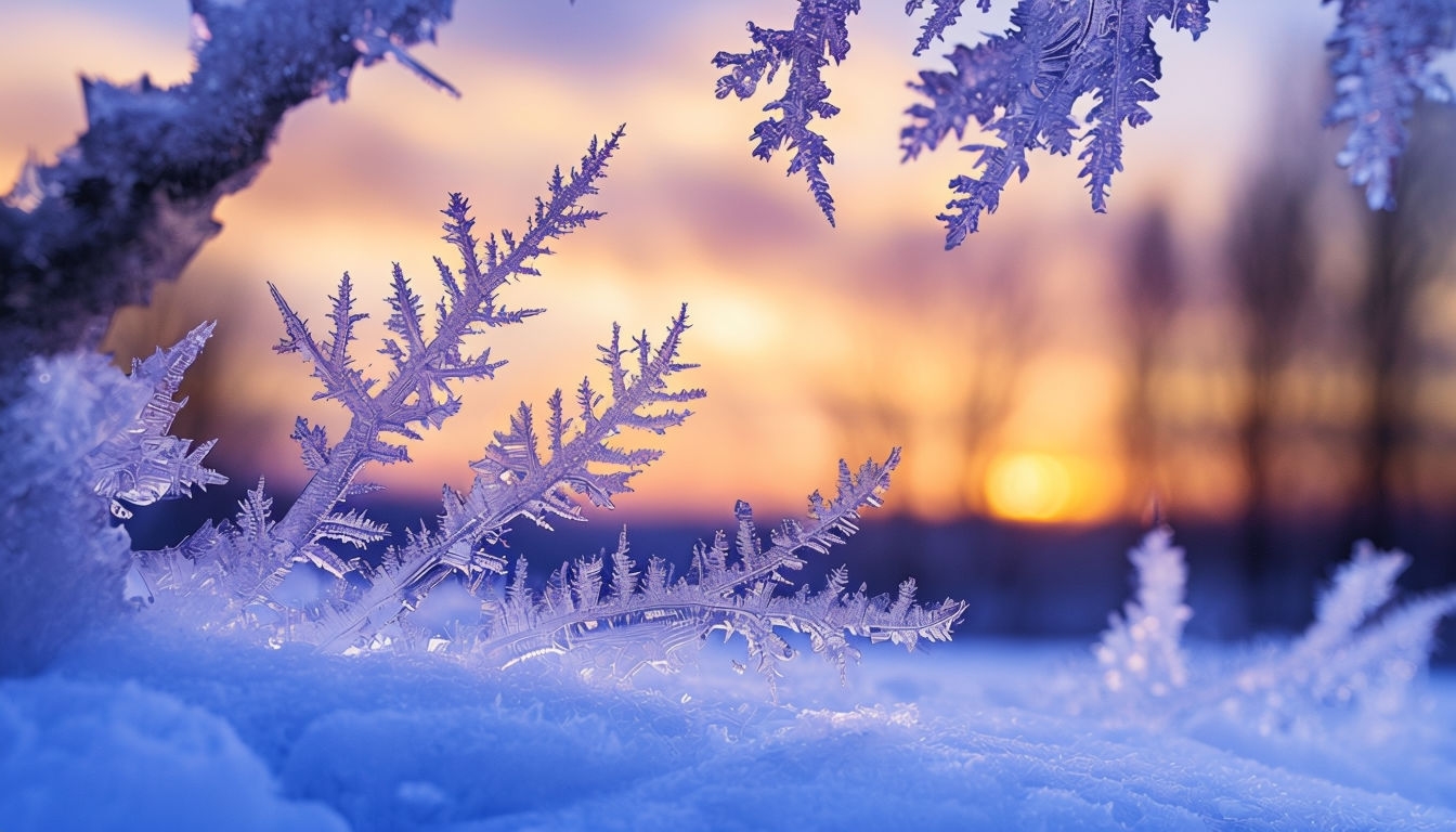 Intricate Ice Crystals Against a Vibrant Sunset Background Virtual Backgrounds