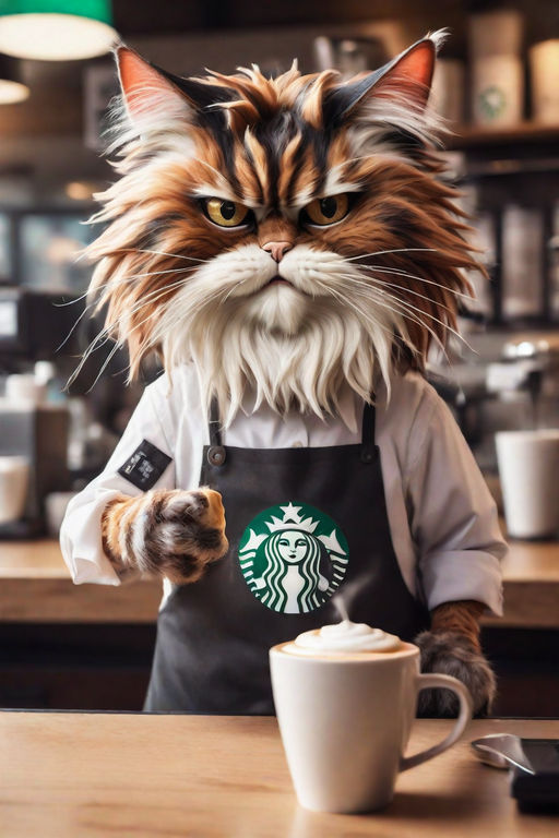 A very angry patchy hairy cat as a Starbucks barista serving... by ...