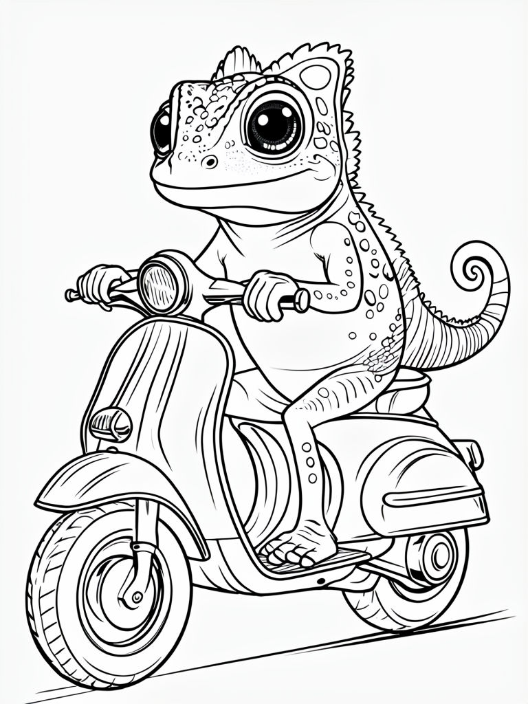 Cheerful Cartoon Chameleon Riding a Scooter Coloring Page