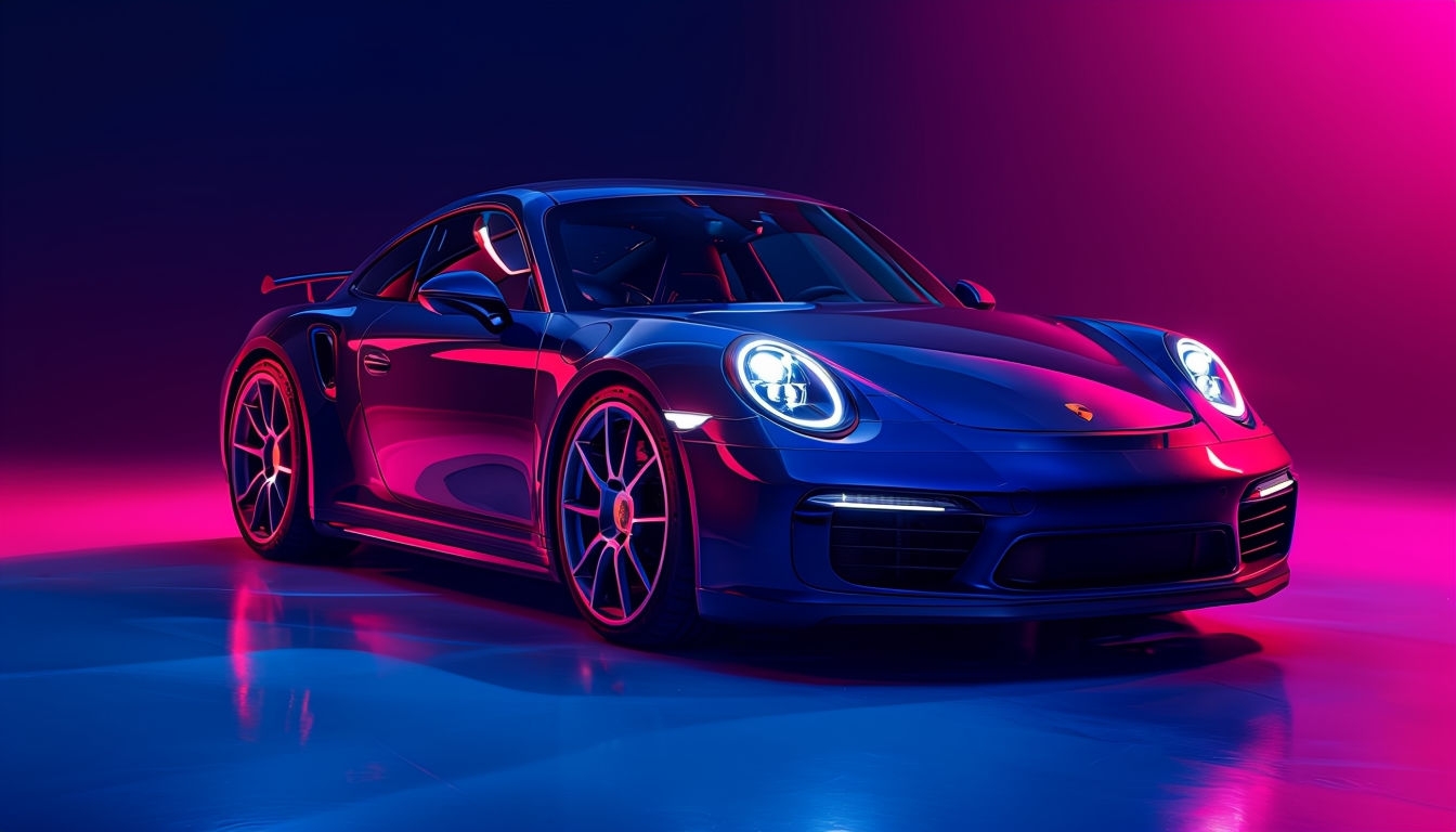 Sleek Dark Blue Porsche with Neon Lights Digital Art Background