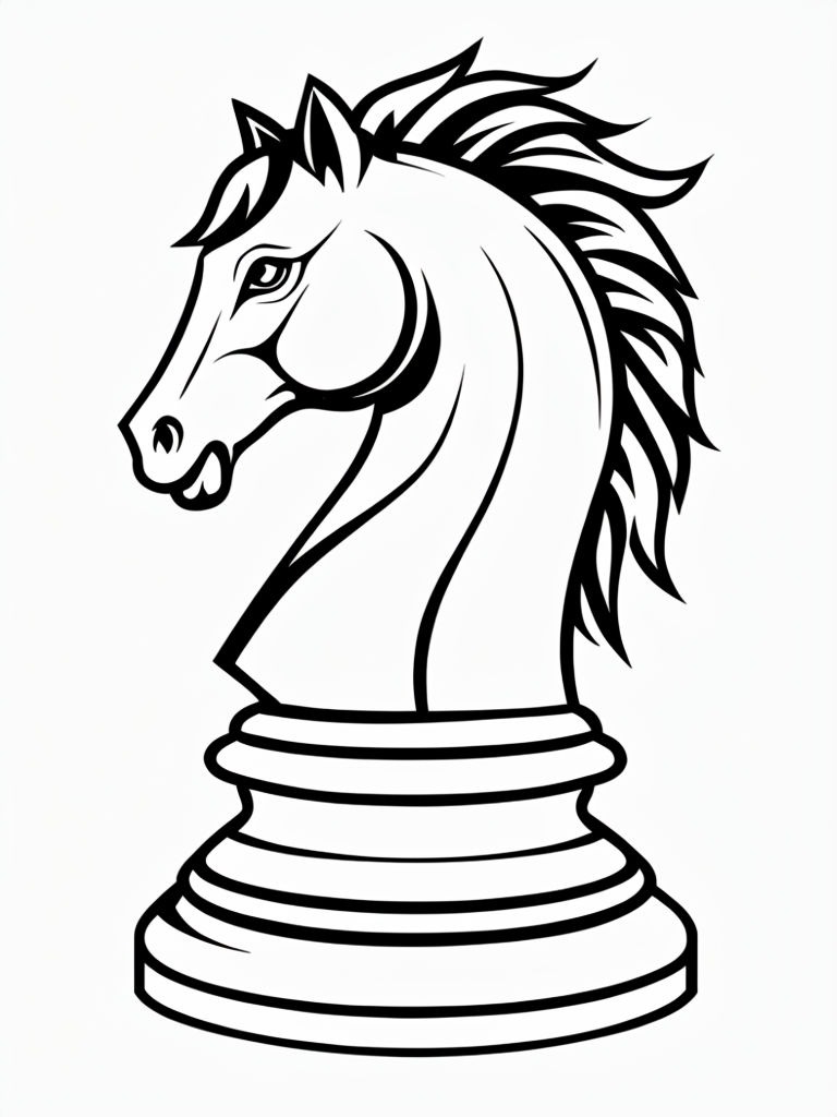 Stylized Black and White Chess Knight Outline for Coloring Book Pages