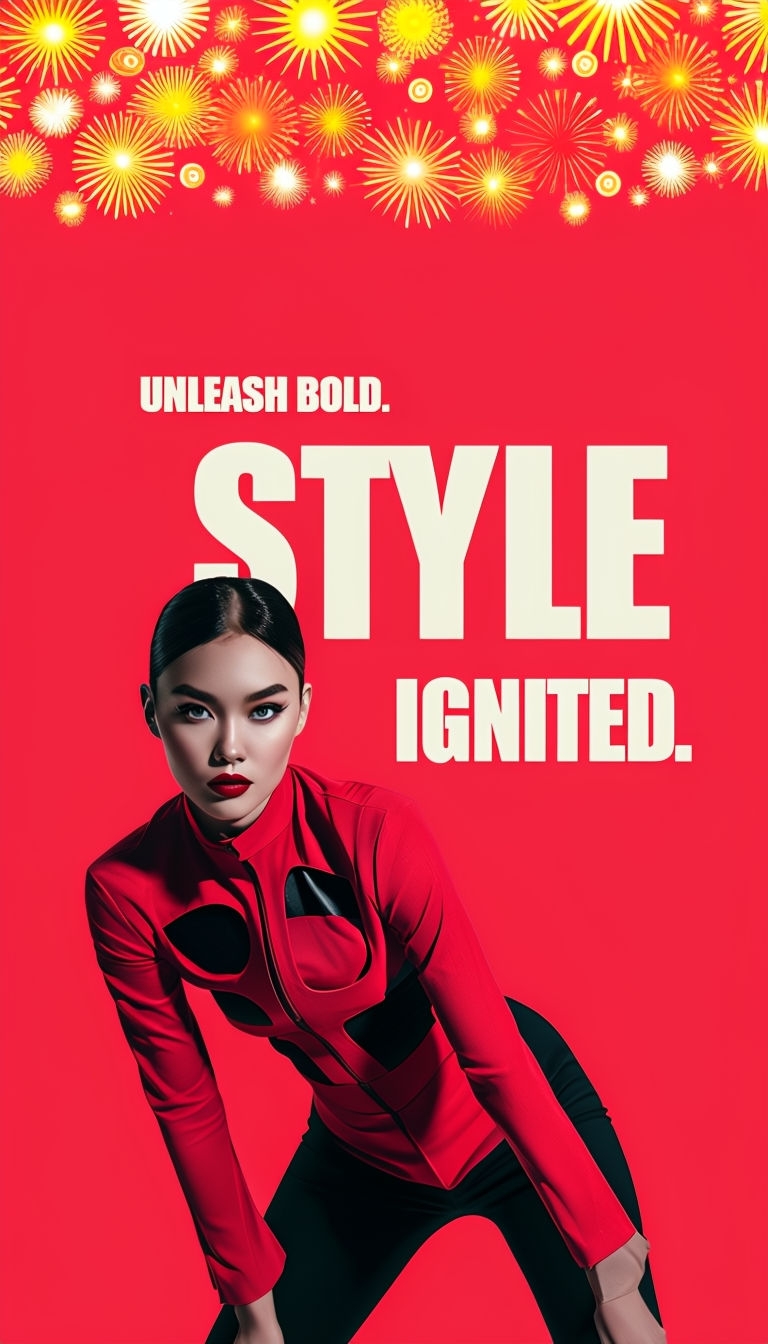 "Dynamic Fashion Ad with Bold Red and Yellow Design Elements Ads"