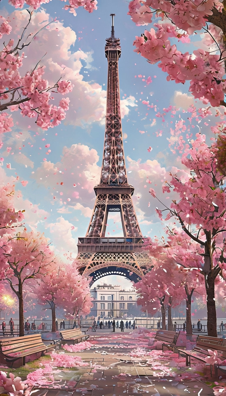 Serene Paris Eiffel Tower Scene with Cherry Blossoms Mobile Wallpaper