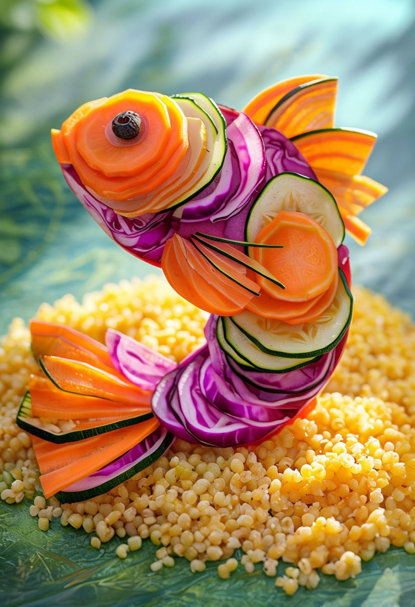 Vibrant Photorealistic Vegetable Fish Culinary Art Sculpture Art