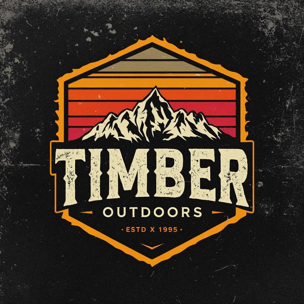 Vintage TimberCraft Outdoors Logo with Mountain Graphics