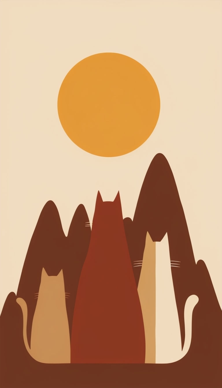 Abstract Cat Silhouettes with Amber Circle Minimalist Design Phone Case Cover