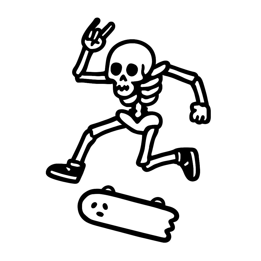 Playful Cartoon Skeleton Skateboarding Trick Illustration Sticker