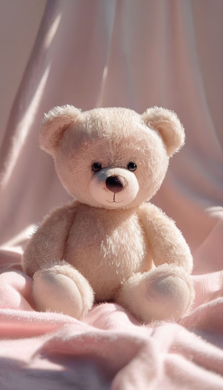 Cozy Beige Teddy Bear on Pastel Pink Blanket Mobile Wallpaper