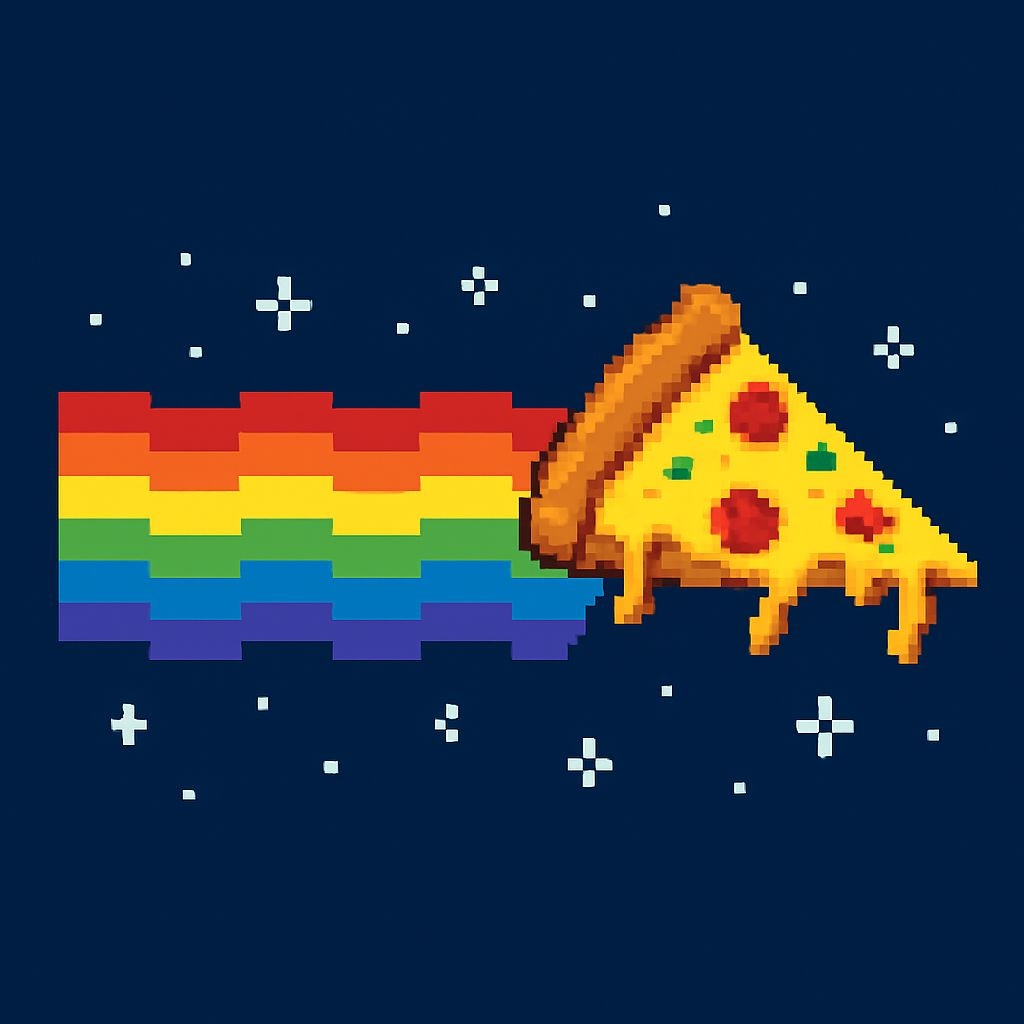 Pixelated Pizza Slice in Space with Rainbow Trail T-Shirt